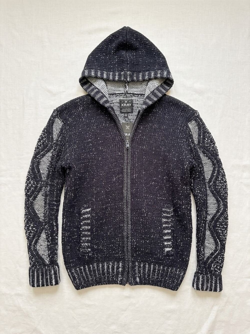 XRAY Jeans Men's Chunky Cable Knit Sweater S Hooded Zip Up Jacket Black